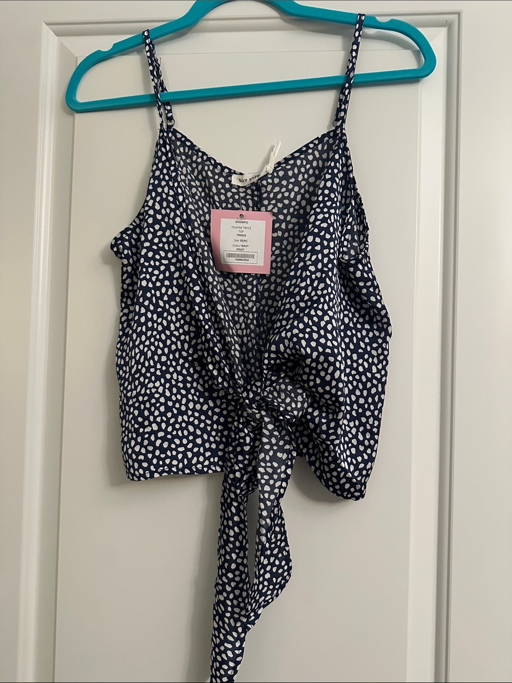 Blu Pepper Navy and White Dot Plunge Tie-Front Spaghetti Strap Camisole